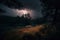 Lightning flashes on dramatic night sky, lightning strikes in wild nature, AI Generated landscape