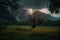 Lightning flashes on dramatic night sky, lightning strikes in wild nature, AI Generated landscape