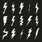 Lightning icon set. Electricity thunder and danger symbol. Lightning strike, Flash and arrow black icons. Storm lightning silhouet