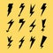 Lightning Icon Set. Electricity Thunder, Danger Symbol. Lightning Strike. Flash Black Icons Isolated On Yellow. Storm Lightning Si