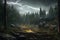 lightning illuminating a gloomy forest scene