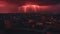 lightning over the city A red sky with bright lightnings and dark silhouettes of people and buildings. The end of the world