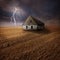 Lightning over farm in field