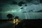 lightning over savannah with silhouette of safari truck