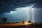 lightning over savannah with silhouette of safari truck