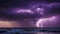 lightning over the sea A powerful and destructive tornado over the sea, with multiple lightning bolts striking around it.