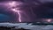 lightning in the sea A powerful and destructive tornado over the sea, with multiple lightning bolts striking around it.