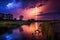 lightning storm above a winding river at twilight