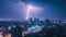 Lightning storm over city in blue light, thunder storm wrath of nature in big city