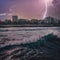 Lightning storm over a coastal city