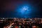 Lightning Storm Over Ribeirao Preto City in Brazil. Thunder blue light on a summer night concept image