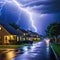 lightning storm is seen over neighborhood at night with cars driving down the