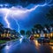 lightning storm is seen over neighborhood at night with cars driving down the