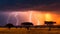 Lightning storm at sunset. Lightning strikes at dusk during the monsoon season. Spectacle of nature: lightning lights up the sky