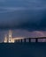 Lightning strike behind the Great Belt bridge