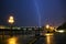 Lightning strike over Mississippi river and bridges, downtown. Saint Paul, Minnesota