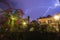 Lightning Strike Residential Neighborhood. Large Bright Lightning Close up. Mediterranian winter night thunderstorm