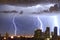 Lightning strikes the buildings in the city