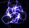 Lightning strikes or flash, neural network close up, violet fractal background, magic rays, energy storm, electricity