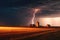 lightning striking the ground near a large tornado