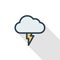 Lightning, thunderstorm cloud, weather thin line flat color icon. Linear vector symbol. Colorful long shadow design.