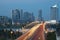 lightning traffic over Danube bridge and Vienna skyline