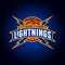 `Lightnings` basketball team logo. Basketball ball with letters, rays, flashes and stars.