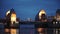 The Lights From Movable Thames Barrier At Night With The Skyline In Central London. -wide