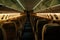 lights softly glowing in empty first-class cabin night flight