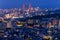 Lights from sprawling city on hillside at blue hour