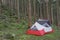 Lightweight freestanding three-season 2-person tent, inner tent body without rainfly, on forest in the evening in spruce forest