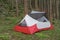 Lightweight freestanding three-season 2-person tent, inner tent body without rainfly, on forest in the evening in spruce forest