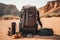 Lightweight gray backpack tourist equipment cup jar beautiful natural desert sandy background sunny canyon cliffs hills