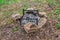 Lightweight portable brazier stands over extinct campfire inside a stone circle