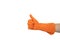 Like the badge sign from orange rubber gloves. Drag the symbol with your finger up. Isolated over white background