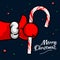 Like Christmas. Santa`s Claus hand Thumbs Up symbol icon with candy cane, vector illustration. Icon for Christmas Party