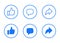 Like, comment, and share icon vector in circle line. Social media thumb up, speech bubble, and repost arrow sign symbol