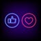 Like and heart neon sign. Bright neon blue thumbs up and red heart, night banner of social network concept. Vector.