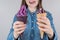 Like love lover ice cream concept. Cropped close up photo of positive cheerful excited girl in jeans denim shirt holding two yummy