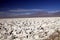 Like on the moon: View over endless bright white barren salt plateau into the nowhere contrasting with deep blue sky