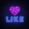 Like neon sign vector. Social networks Design template neon sign, light banner, neon signboard, nightly bright