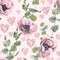 Lilac anemones with eucalyptus twigs and pink hearts. Watercolor illustration in sketch style. Seamless pattern from a