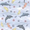 Lilac Blue Dolphin and Sea Seamless Pattern Background