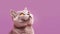 Lilac British cat looks up, isolated on the purple banner, copy space, AI-generated