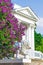 Lilac bushes building column palace porch stairs statue Lions park summer leaves flowers trees forest beauty