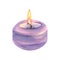A lilac-colored candle with a flame. Watercolor illustration. An isolated object from a large set of Lavender SPA. For