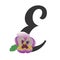 Lilac floral pansy letter E. Font decorated of a garden violet.