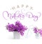 Lilac flowers on a white background decorated with small bike and text Happy mothers day. Calligraphy lettering hand