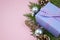 Lilac gift with polka dot ribbon on pink