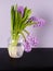 Lilac hyacinth in glass vase on black table